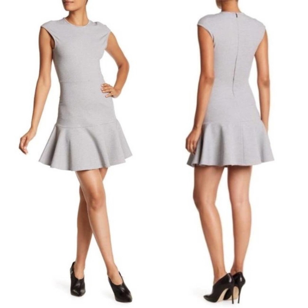 Theory Ponte Essential Flare Thin Striped Gray White Cap Sleeve Mini Dress 8